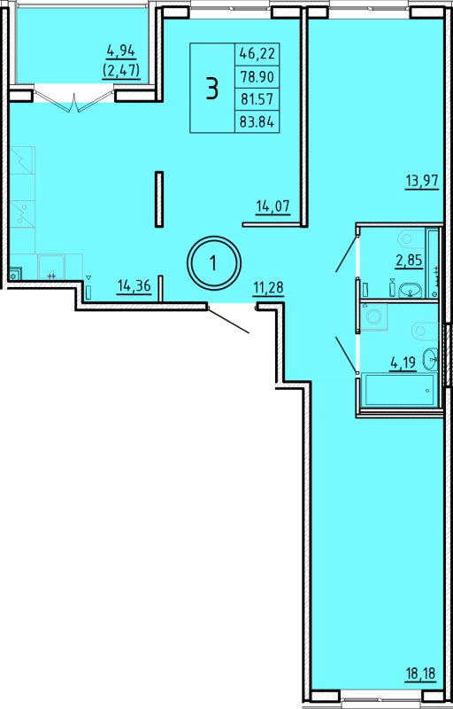 3-комнатная квартира, 78.9 м² - планировка, фото №1
