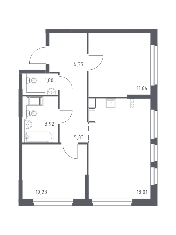 3-комнатная (Евро) квартира, 55.78 м² в ЖК "Новое Колпино" - планировка, фото №1