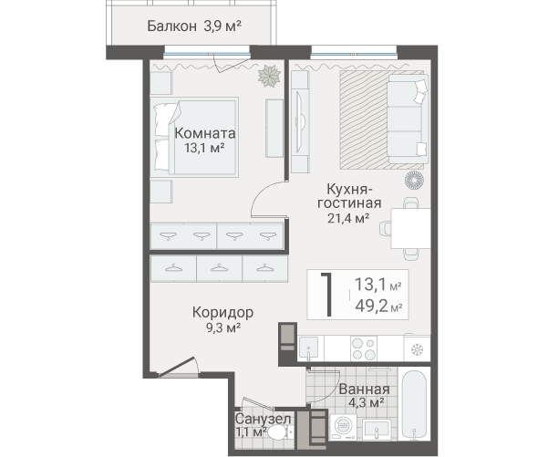 2-комнатная (Евро) квартира, 49.2 м² - планировка, фото №1
