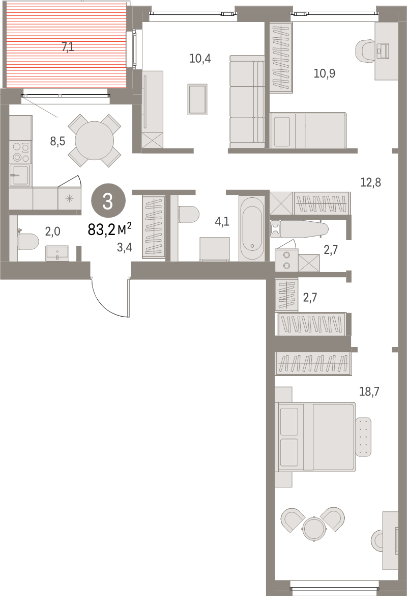 3-комнатная квартира, 83.2 м² в ЖК "Северный ветер" - планировка, фото №1