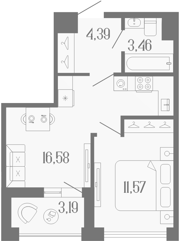 2-комнатная (Евро) квартира, 37.6 м² в ЖК "Коллекционный дом 1919" - планировка, фото №1