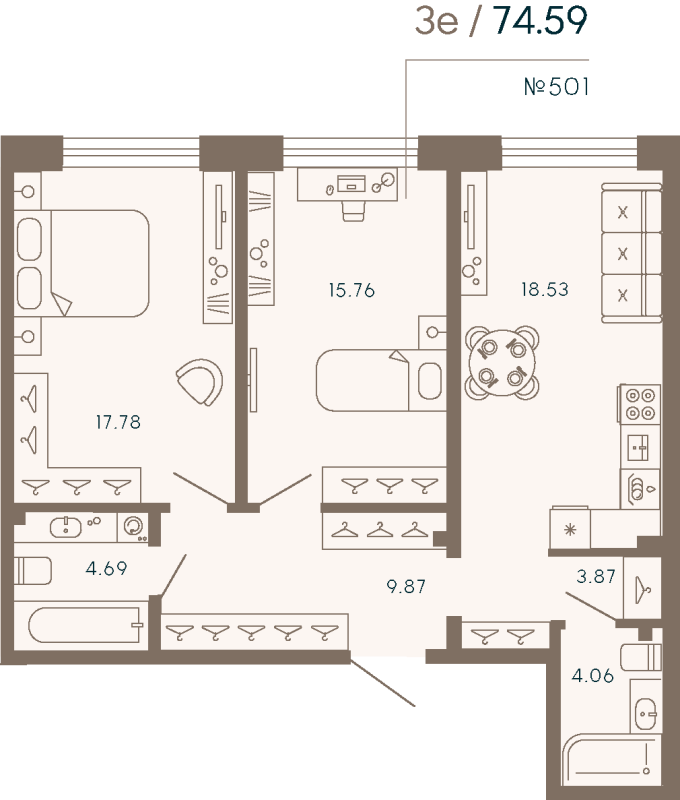 3-комнатная (Евро) квартира, 74.59 м² в ЖК "17/33 Петровский остров" - планировка, фото №1