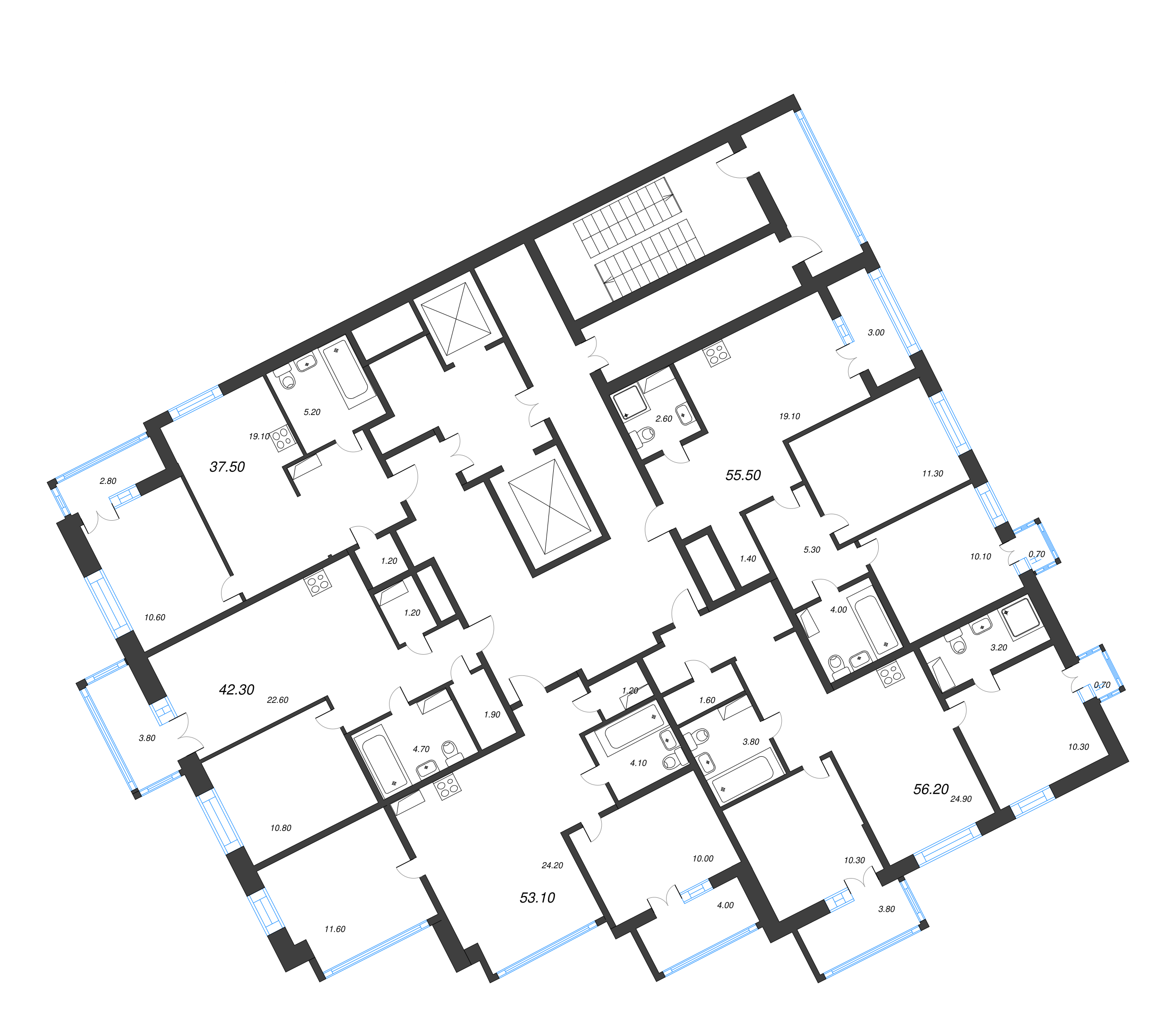 2-комнатная квартира, 53.1 м² - планировка этажа