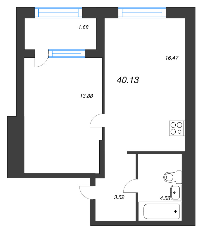 2-комнатная (Евро) квартира, 40.13 м² в ЖК "ОРО от Аквилон" - планировка, фото №1