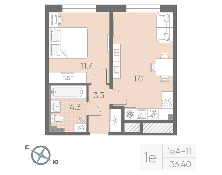 2-комнатная (Евро) квартира, 36.4 м² в ЖК "Пулково Lake" - планировка, фото №1
