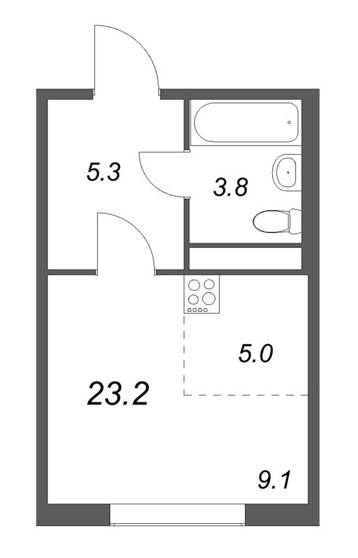 Квартира-студия, 23.2 м² в ЖК "Гений" - планировка, фото №1