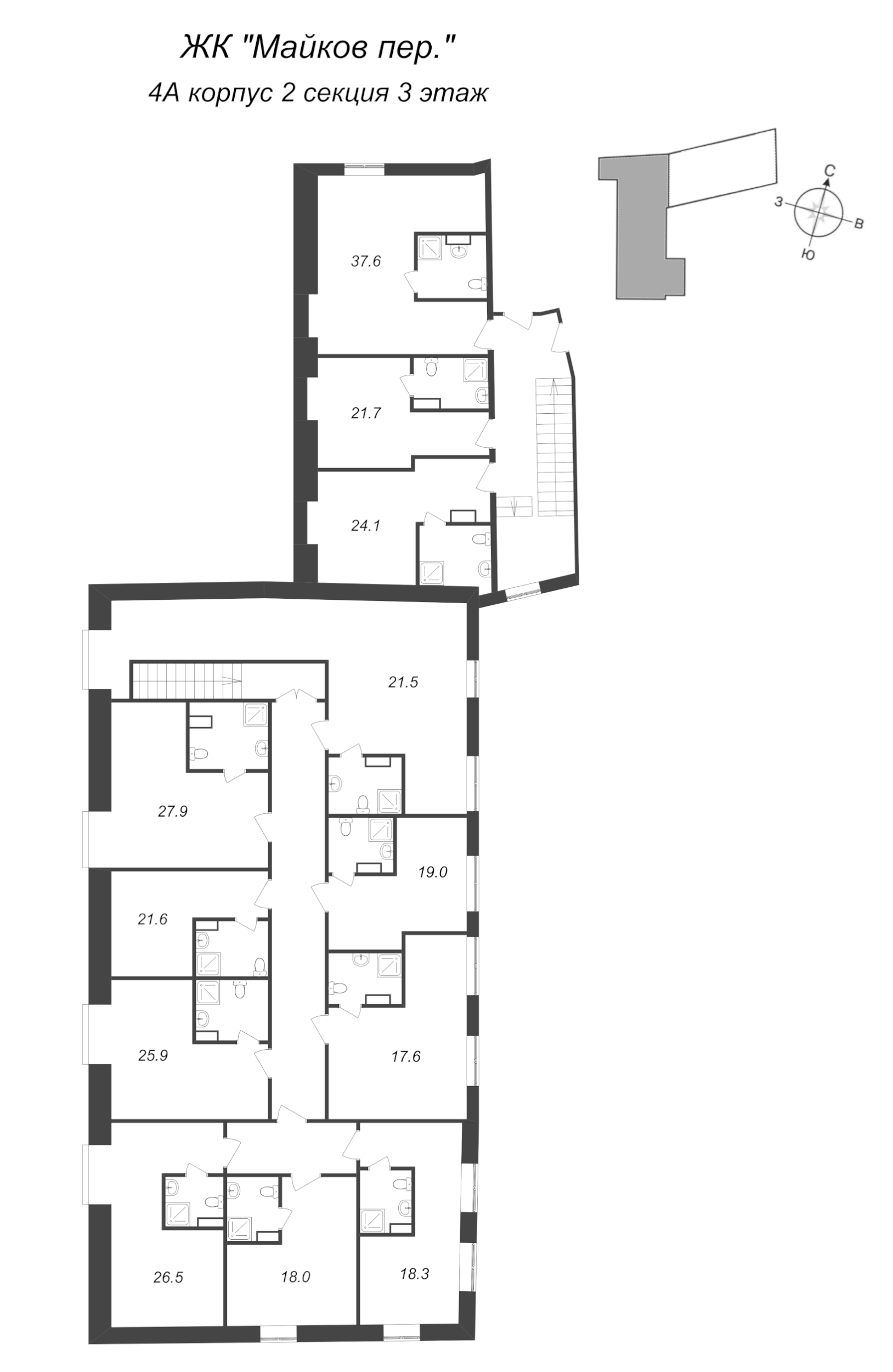 Квартира-студия, 24.1 м² в ЖК "Майков пер., 4А" - планировка этажа