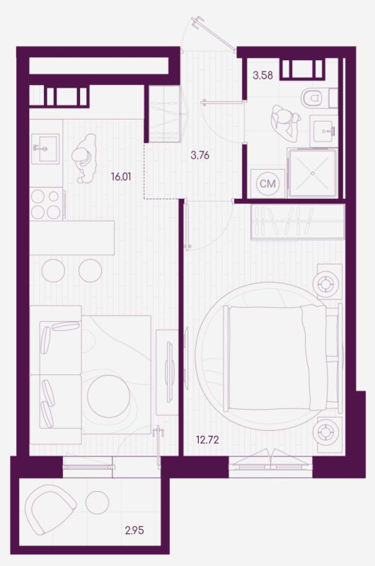 1-комнатная квартира, 36.96 м² в ЖК "Дубровка.Park" - планировка, фото №1
