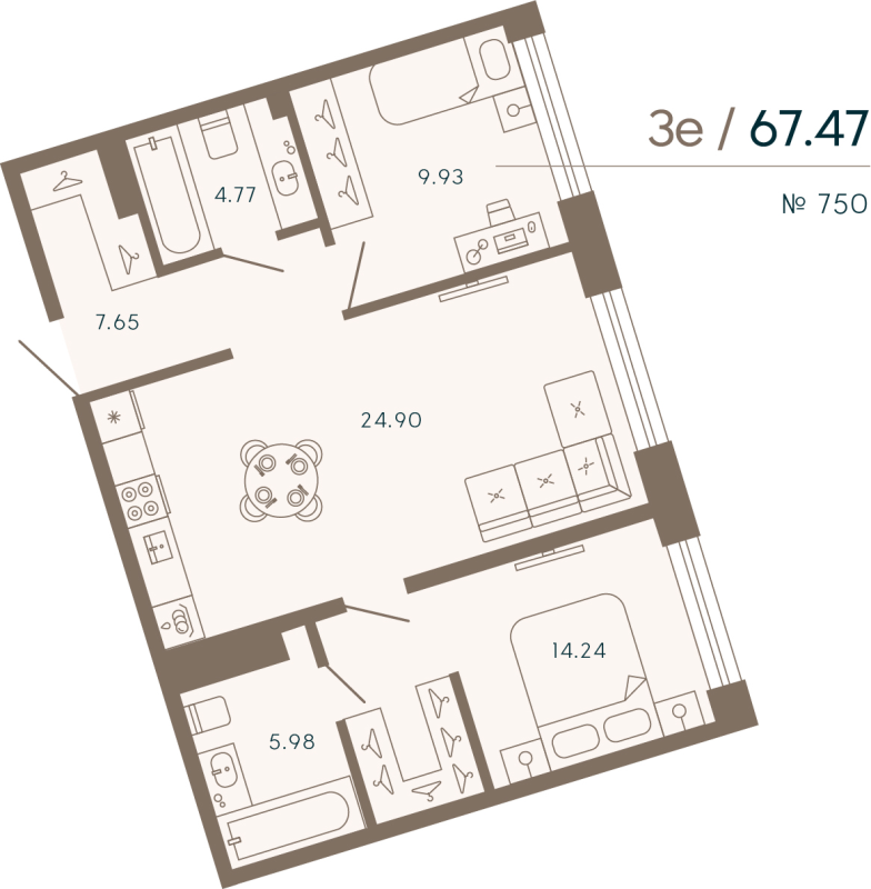 3-комнатная (Евро) квартира, 67.47 м² в ЖК "17/33 Петровский остров" - планировка, фото №1