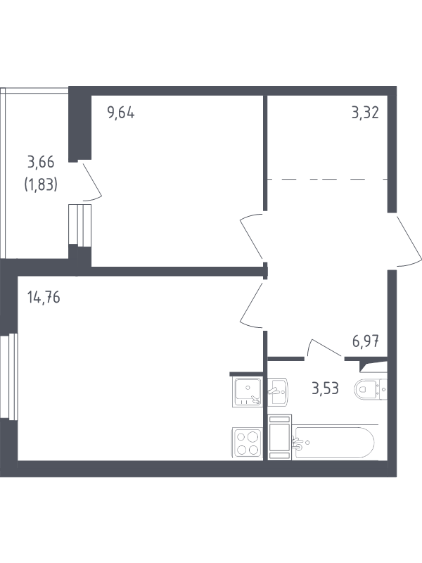 1-комнатная квартира, 40.05 м² - планировка, фото №1