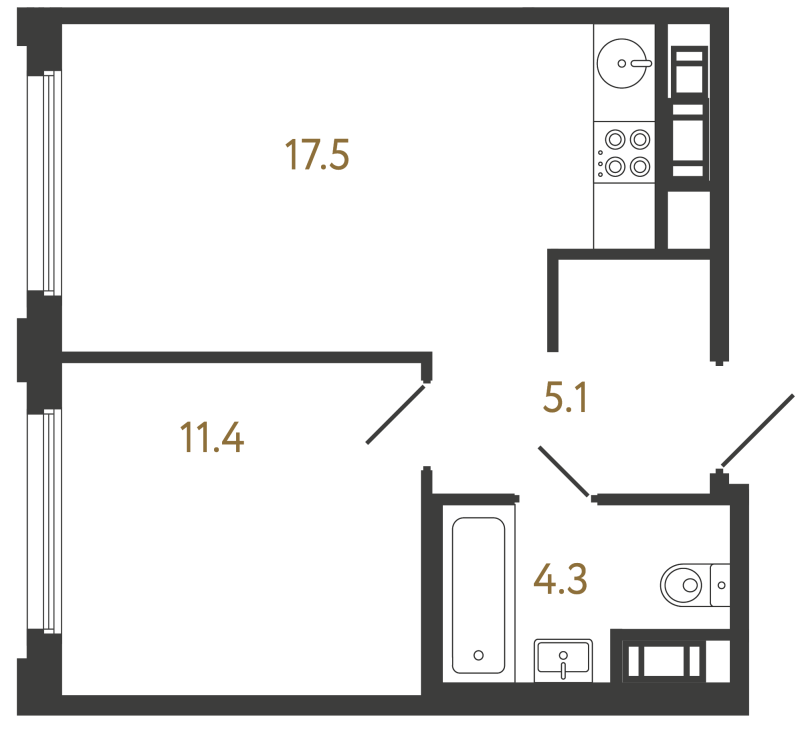 2-комнатная (Евро) квартира, 38.3 м² в ЖК "Гений" - планировка, фото №1
