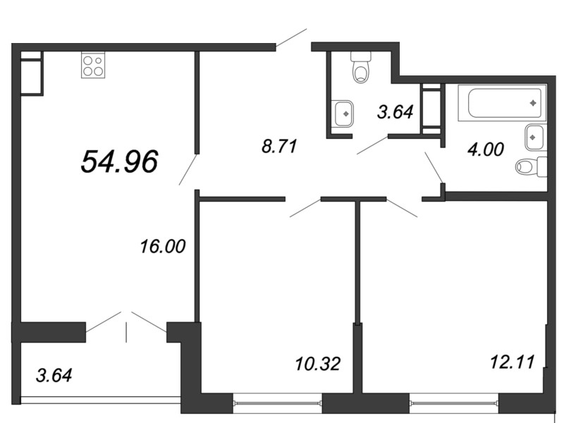 3-комнатная (Евро) квартира, 55.9 м² - планировка, фото №1