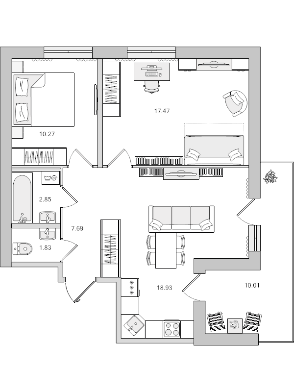 3-комнатная (Евро) квартира, 69.05 м² в ЖК "Город Первых" - планировка, фото №1