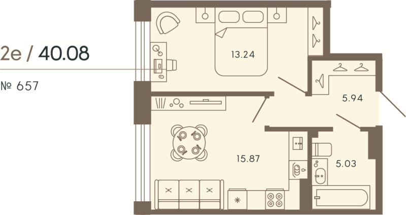 2-комнатная (Евро) квартира, 40.08 м² в ЖК "17/33 Петровский остров" - планировка, фото №1