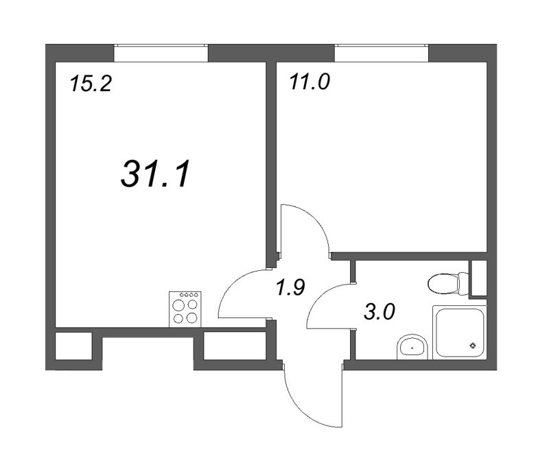 2-комнатная (Евро) квартира, 31.1 м² в ЖК "ЛСР. Ржевский парк" - планировка, фото №1