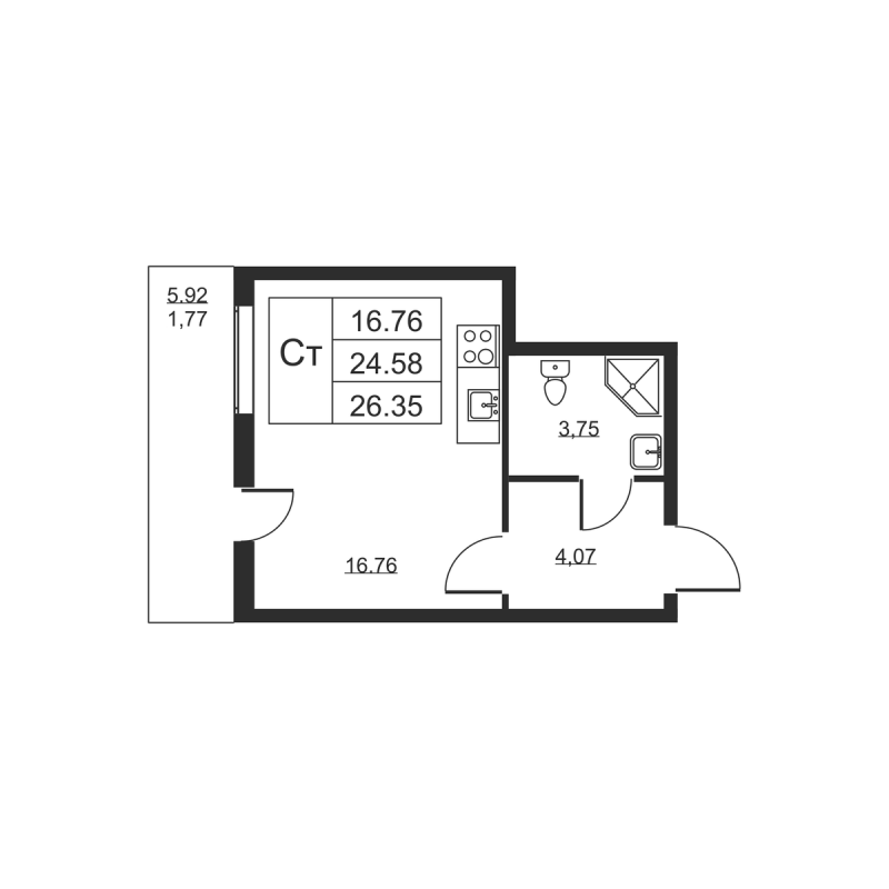 Квартира-студия, 26.35 м² - планировка, фото №1