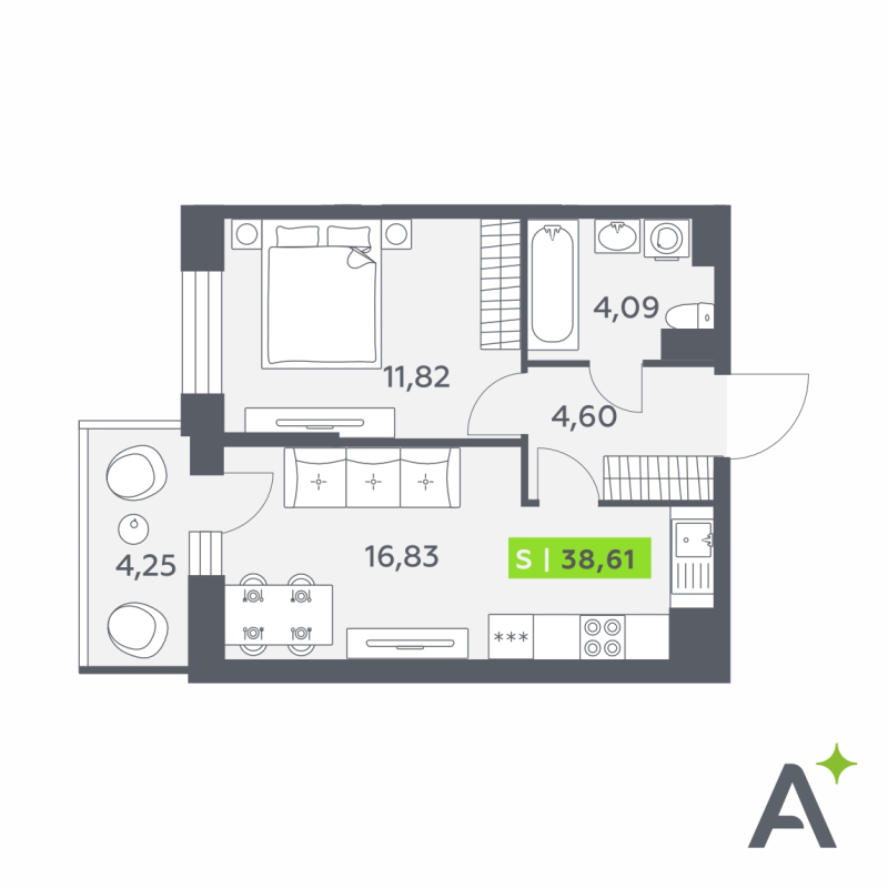 2-комнатная (Евро) квартира, 38.61 м² в ЖК "Аквилон Verba" - планировка, фото №1
