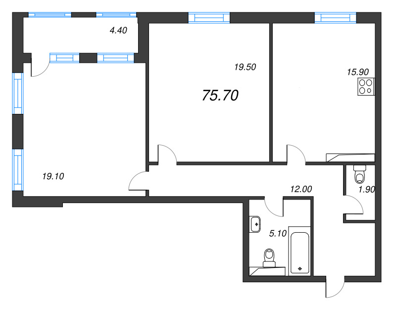 3-комнатная (Евро) квартира, 75.7 м² в ЖК "Тайм Сквер" - планировка, фото №1