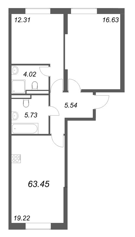 3-комнатная (Евро) квартира, 63.45 м² в ЖК "Цивилизация на неве" - планировка, фото №1