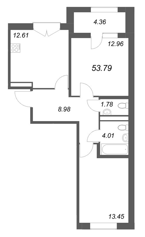 2-комнатная квартира, 53.79 м² в ЖК "Дубровский" - планировка, фото №1