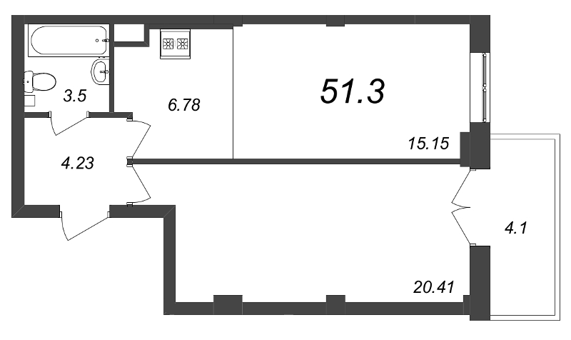 2-комнатная (Евро) квартира, 51.3 м² - планировка, фото №1