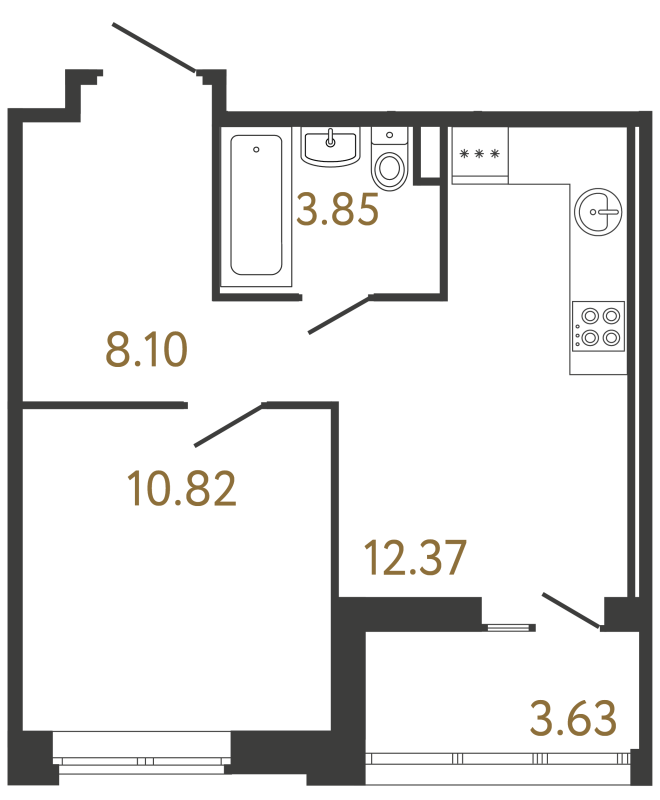 1-комнатная квартира, 35.14 м² - планировка, фото №1