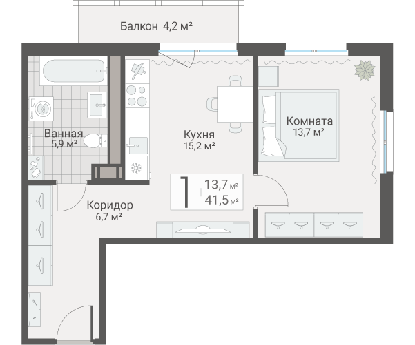 2-комнатная (Евро) квартира, 41.5 м² в ЖК "Руднева 15" - планировка, фото №1