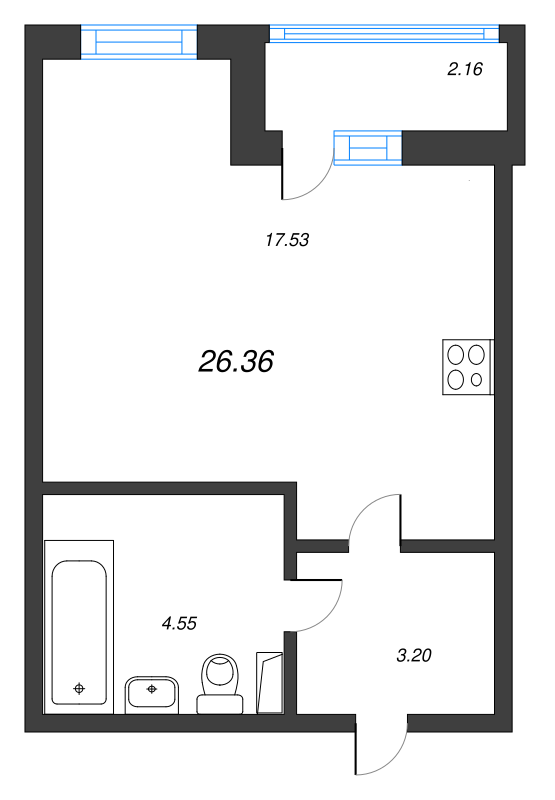 Квартира-студия, 26.36 м² в ЖК "AEROCITY" - планировка, фото №1