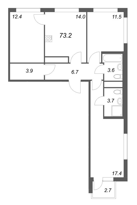 3-комнатная квартира, 73.2 м² в ЖК "Гений" - планировка, фото №1