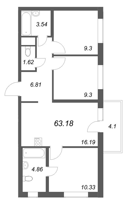 4-комнатная (Евро) квартира, 63.18 м² в ЖК "Аэросити Лайф" - планировка, фото №1