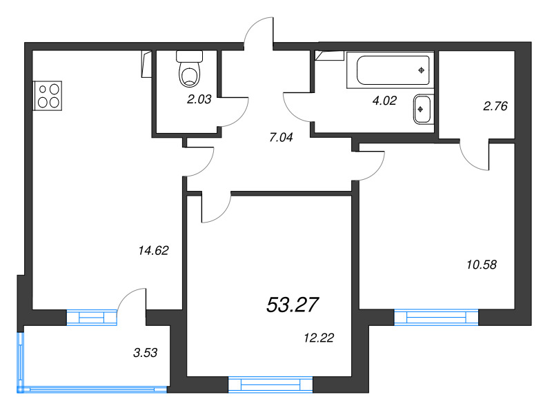 2-комнатная квартира, 53.27 м² в ЖК "Любоград" - планировка, фото №1