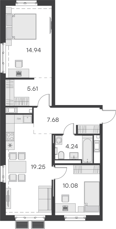 3-комнатная (Евро) квартира, 61.8 м² - планировка, фото №1