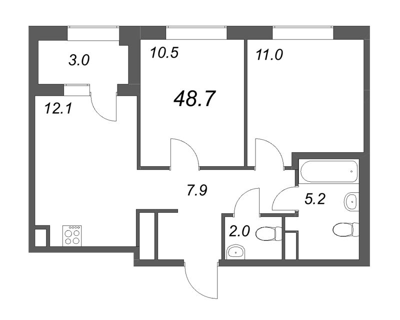 2-комнатная квартира, 48.7 м² в ЖК "Куинджи" - планировка, фото №1