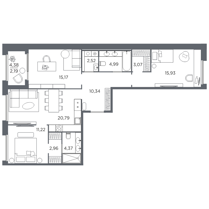4-комнатная (Евро) квартира, 93.55 м² в ЖК "Акватория" - планировка, фото №1