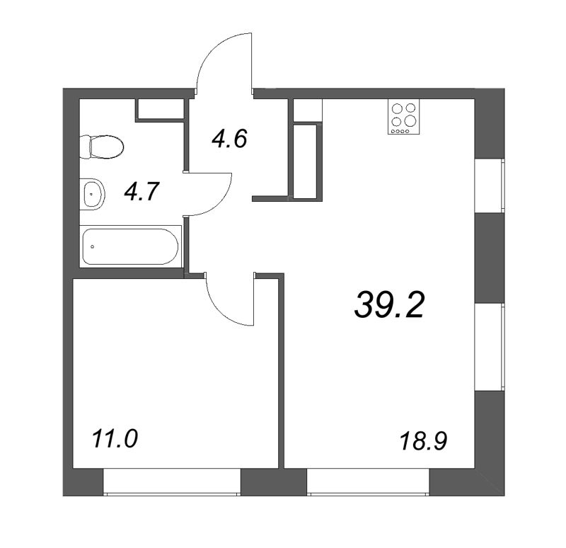2-комнатная (Евро) квартира, 39.2 м² в ЖК "Куинджи" - планировка, фото №1