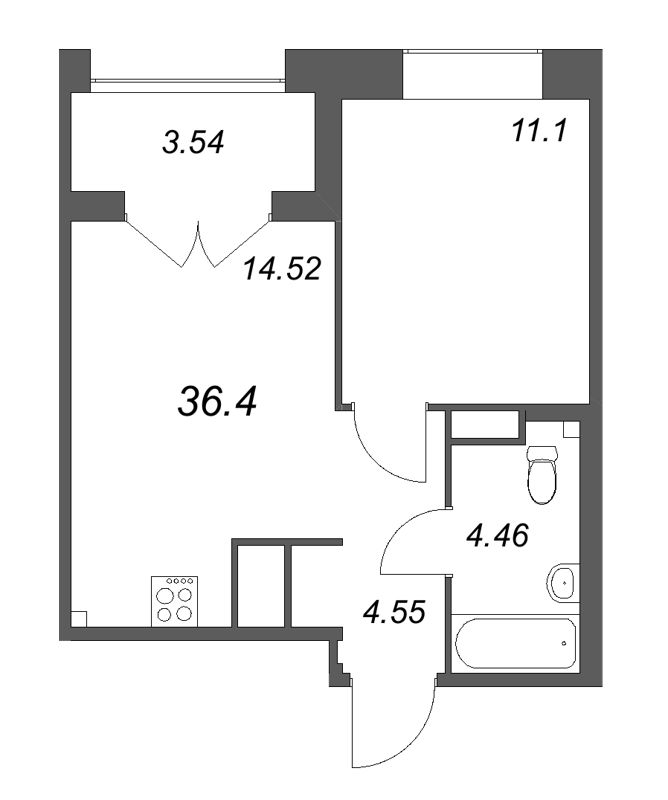 1-комнатная квартира, 36.4 м² - планировка, фото №1