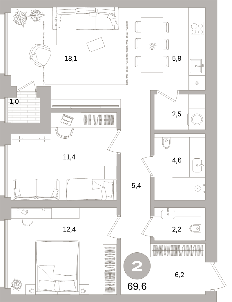 3-комнатная (Евро) квартира, 69.6 м² в ЖК "Северный ветер" - планировка, фото №1