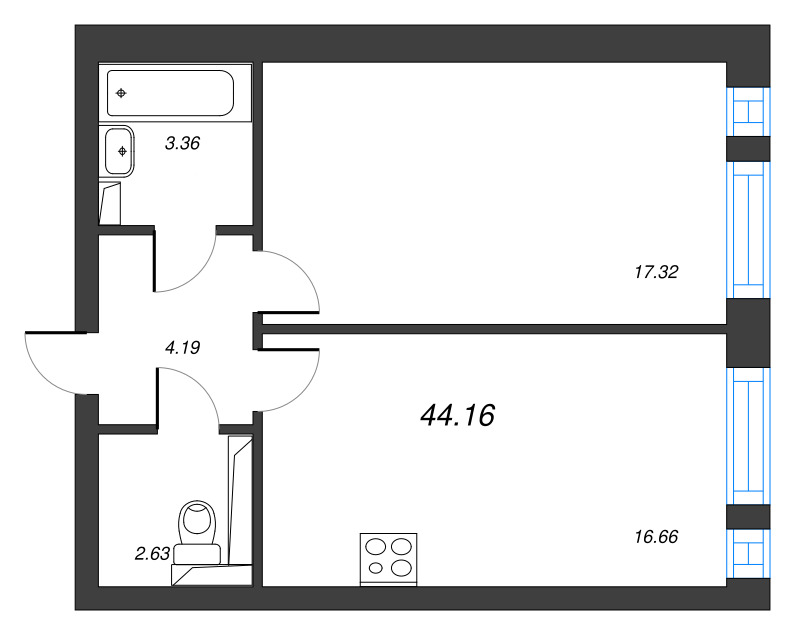 2-комнатная (Евро) квартира, 44.16 м² - планировка, фото №1