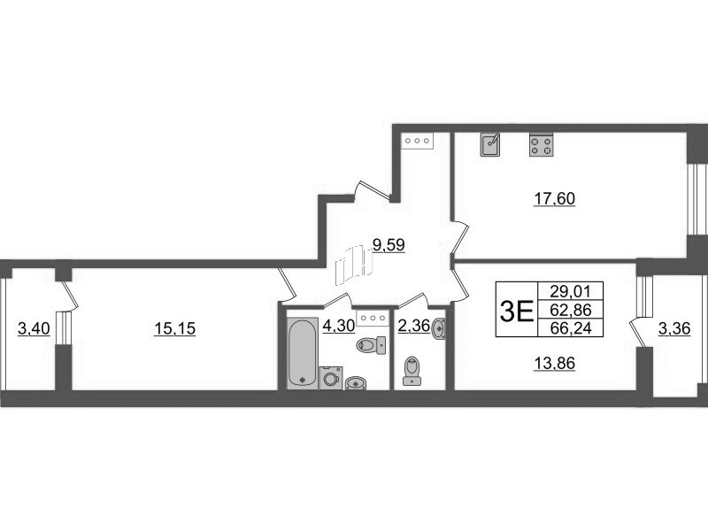 3-комнатная (Евро) квартира, 66.24 м² - планировка, фото №1