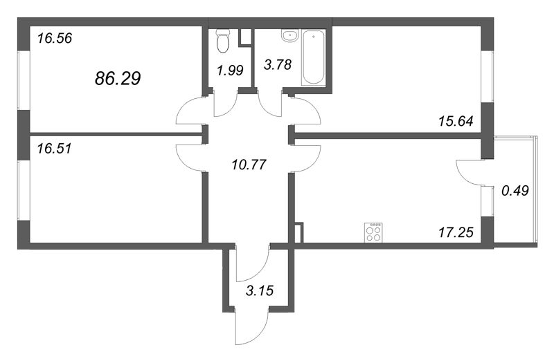 3-комнатная квартира, 86.29 м² в ЖК "Новая история" - планировка, фото №1
