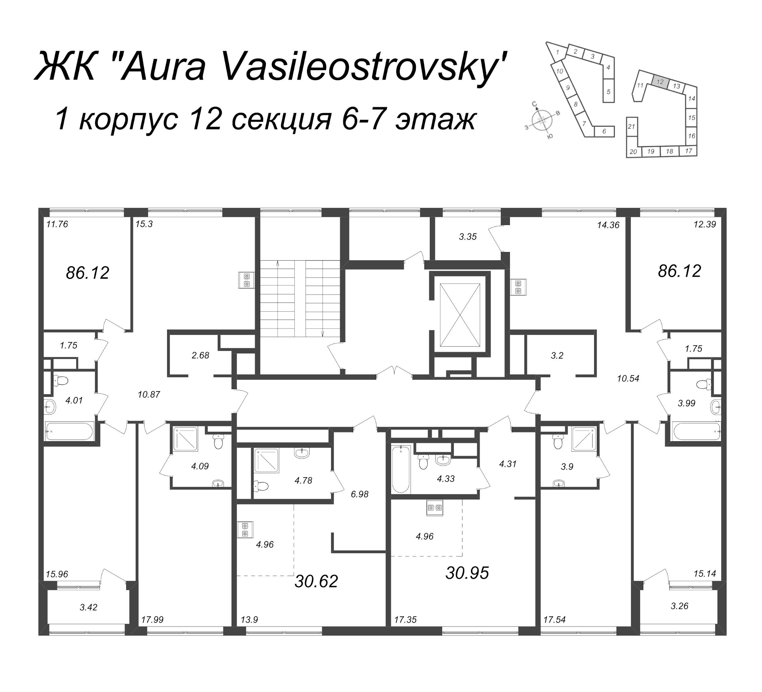 Квартира-студия, 30.62 м² в ЖК "GloraX Premium Василеостровский" - планировка этажа