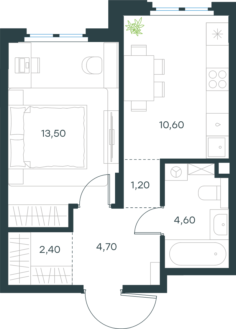 1-комнатная квартира, 37 м² в ЖК "Левел Мечникова" - планировка, фото №1