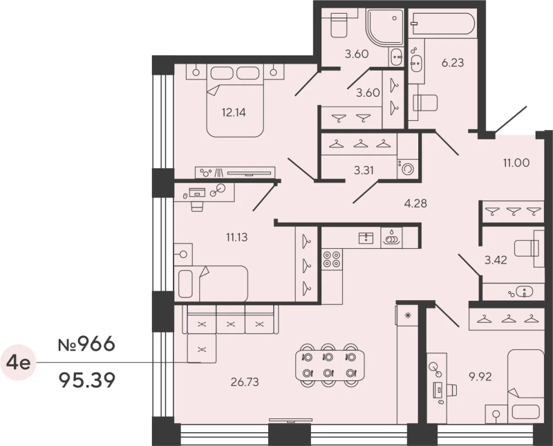 4-комнатная (Евро) квартира, 95.39 м² в ЖК "Bashni Element" - планировка, фото №1