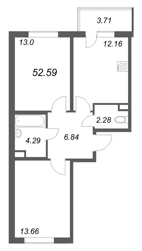 2-комнатная квартира, 52.59 м² в ЖК "ЮгТаун" - планировка, фото №1