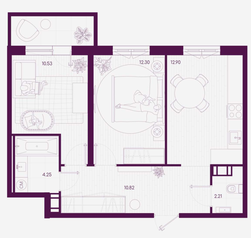 2-комнатная квартира, 54.18 м² - планировка, фото №1