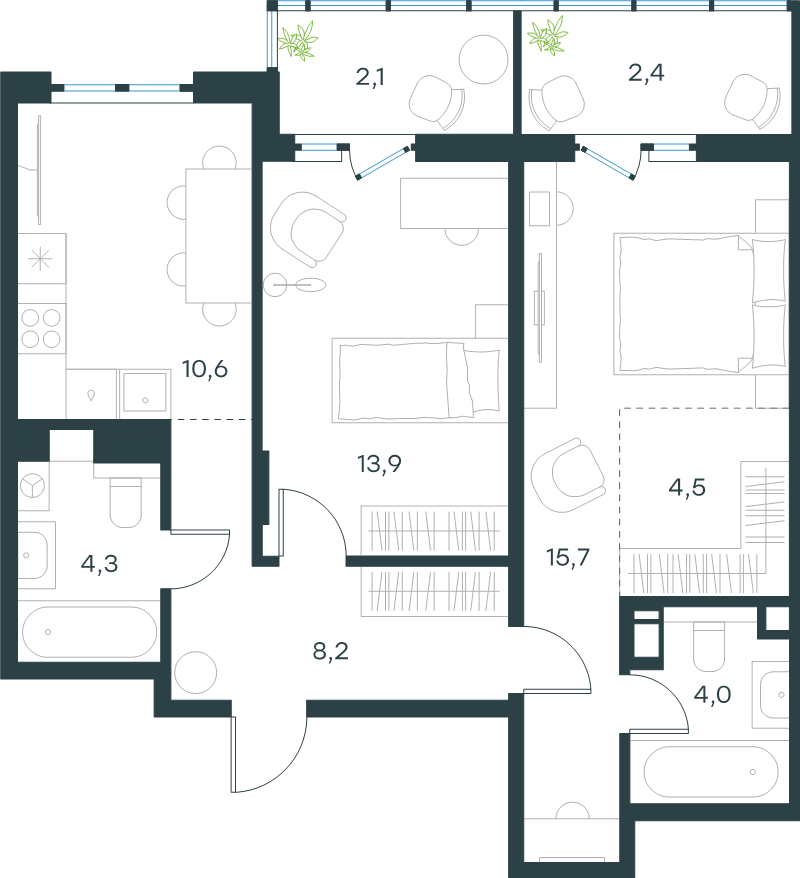 2-комнатная квартира, 65.57 м² в ЖК "Левел Мечникова" - планировка, фото №1