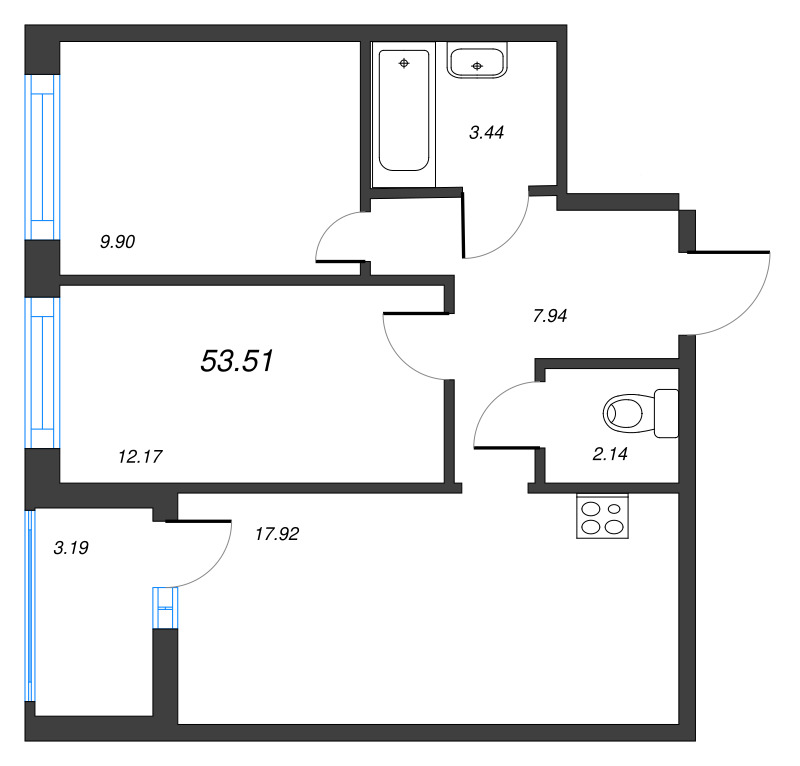 3-комнатная (Евро) квартира, 53.51 м² - планировка, фото №1