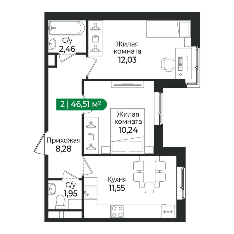 2-комнатная квартира, 46.51 м² в ЖК "Сертолово Парк" - планировка, фото №1