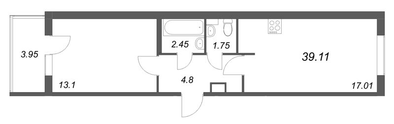 2-комнатная (Евро) квартира, 39.11 м² в ЖК "Любоград" - планировка, фото №1