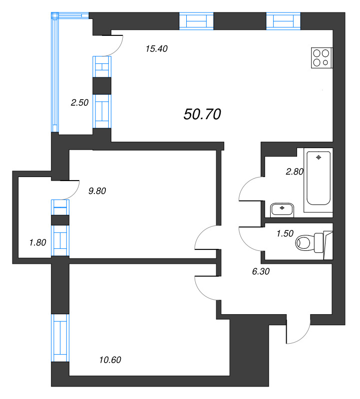3-комнатная (Евро) квартира, 47.7 м² в ЖК "Эко Квартал Нега" - планировка, фото №1